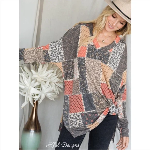 LAST 2! V Neck Patchwork Relaxed Fit Side Slit Detail Top! - Picture 4 of 8